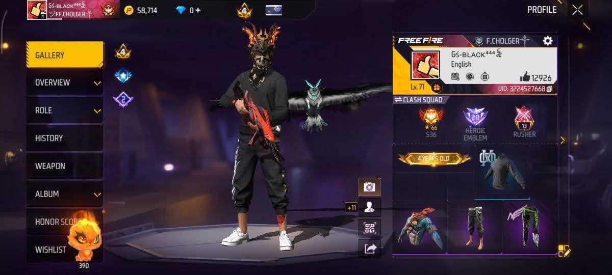 FF Account Lvl 71 | Prime 4 | Heroic + Rusher (19) | 8 Artifact + 54 Mythic | 375 Weapons | Rich Vault | BD Server Sold FF ID