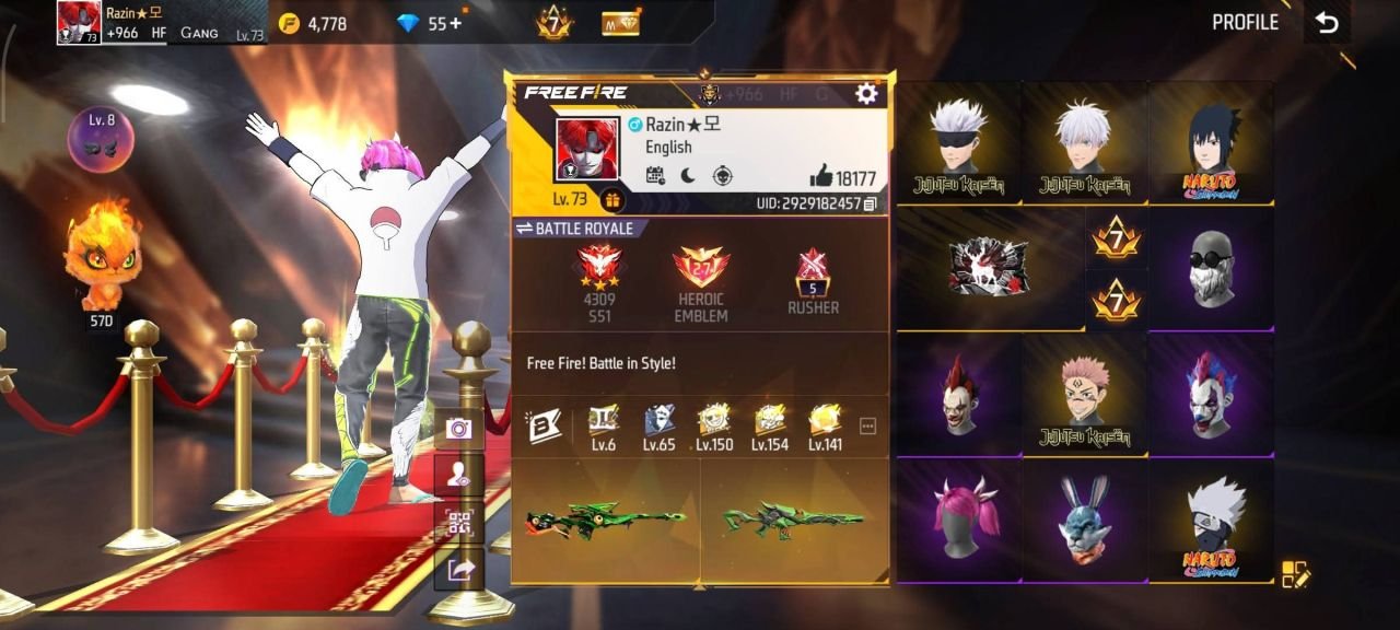 FF Account Lvl 73 | Prime 7 | 528 Weapons | Heroic Sold FF ID