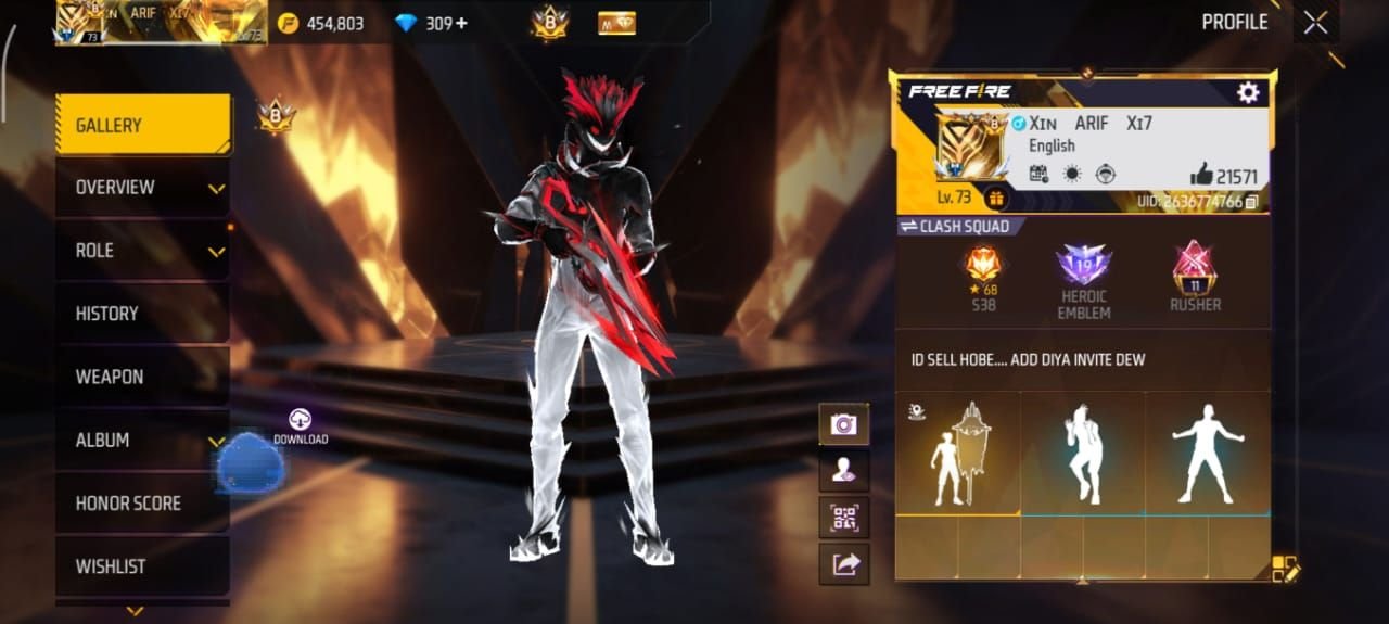 FF Account Lvl 73 | Prime 8 | 509 Weapons | Max Collection Free Fire Account Bangladesh